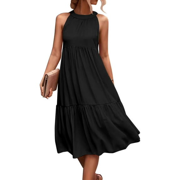 Women's Halter Neck Sleeveless Beach Dress Color Block Solid Print Loose Fit Sundress with Side Slits and Back Tie for Pool Parties,Black S