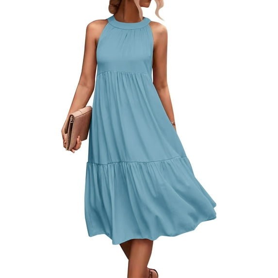Women's Halter Neck Sleeveless Beach Dress Color Block Solid Print Loose Fit Sundress with Side Slits and Back Tie for Pool Parties,Sky Blue XL