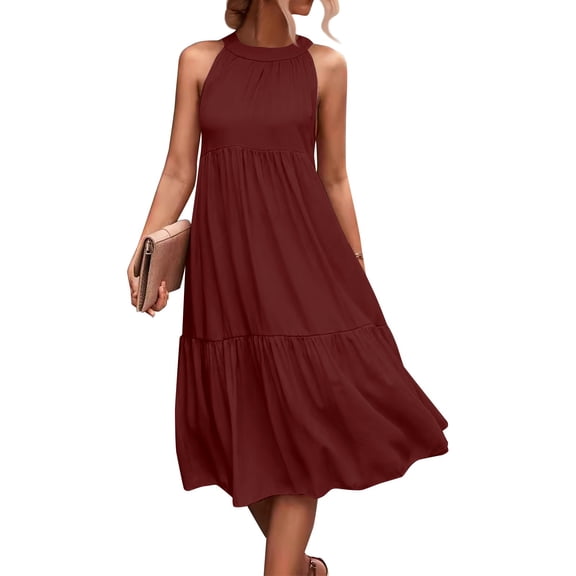 Women's Halter Neck Sleeveless Beach Dress Color Block Solid Print Loose Fit Sundress with Side Slits and Back Tie for Pool Parties,Wine S