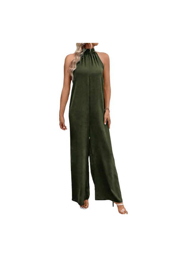 Women's Halter Neck Sleeveless Jumpsuit Solid Color Flowy Wide Leg Outfit with Luxurious Draping Fabric Ideal for Casual Formal Events