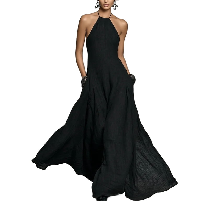 women's solid color backless halter dress Hinvhai Women's Halter Neck Sleeveless Maxi Dress Backless Side Pockets Solid Color Casual Loose Fit Dress Black, Size: Large