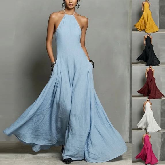 Women's Halter Neck Sleeveless Maxi Dress Backless Side Pockets Solid Color Casual Loose Fit Dress Yellow