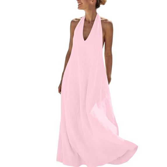 Women's Halter Neck Sleeveless Maxi Dress V Neck Casual Loose A Line Flowy Long Dress Lightweight Summer Sundress Boho Beach Dress Pink