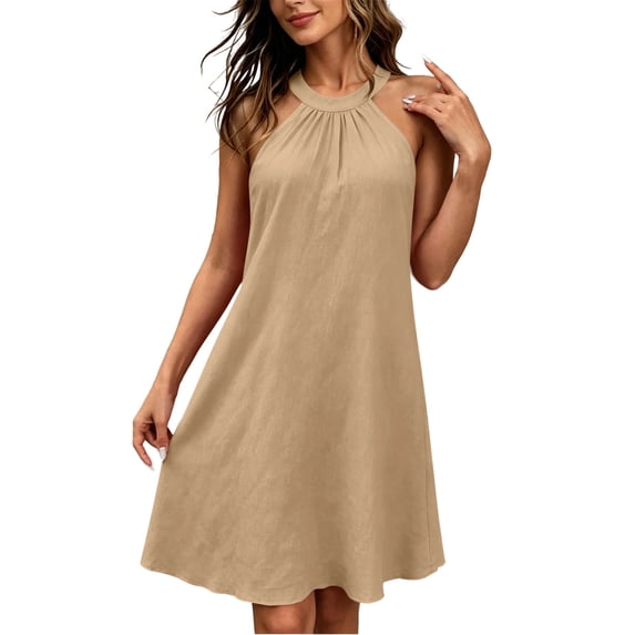 Women's Halter Neck Sleeveless Mini Dress Casual Loose Fit A Line Short Dress Lightweight Summer Sundress Beach Vacation Outfit Khaki