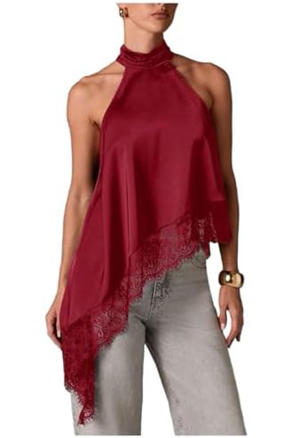 Women's Halter Neck Sleeveless Top Lace Asymmetrical Hem Summer Going Out Tank Tops