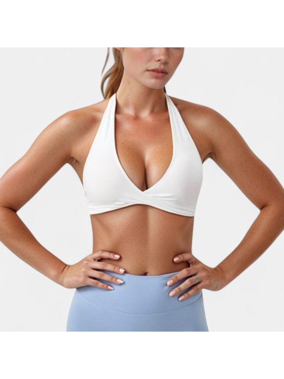 Women's Halter Neck Sports Bra with Ruched Front Detail Low Impact Stretch Fabric Removable Padding - Small, White