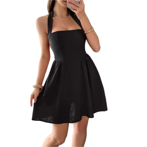 Women's Halter Neck Summer Mini Dress 100% Polyester fabric Lightweight With Zipper And Partially Lined For Daily Wear