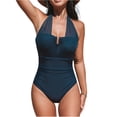 thumbnail image 1 of Women's Halter Neck Swimsuit One Piece Mesh Sheer Full Coverage Cutout Ruched Supportive Bathing Suit for Beach Vacation Blue 2XL, 1 of 5
