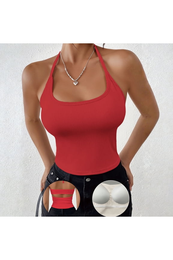 Women's Halter Neck Tank Top, Solid Color Backless Knit Vest with Built-In Bra, Chic & Stylish Sleeveless Top for Summer, Going Out, and Layered Outfits-Red