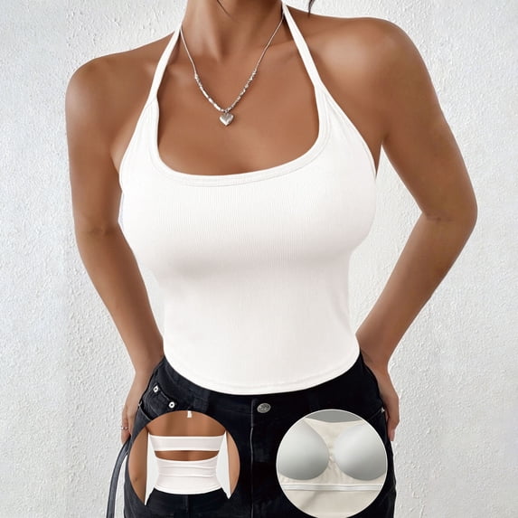 Women's Halter Neck Tank Top, Solid Color Backless Knit Vest with Built-In Bra, Chic & Stylish Sleeveless Top for Summer, Going Out, and Layered Outfits-White