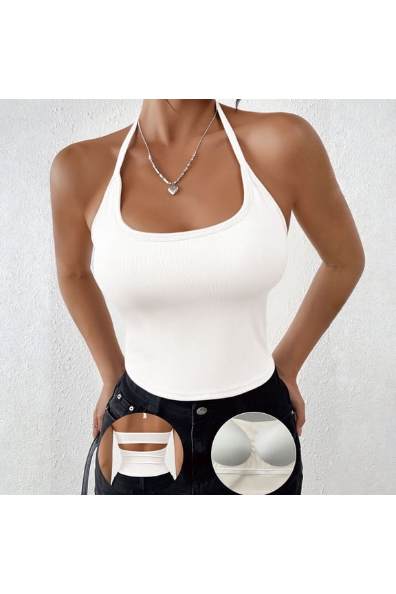 Women's Halter Neck Tank Top, Solid Color Backless Knit Vest with Built-In Bra, Chic & Stylish Sleeveless Top for Summer, Going Out, and Layered Outfits-White