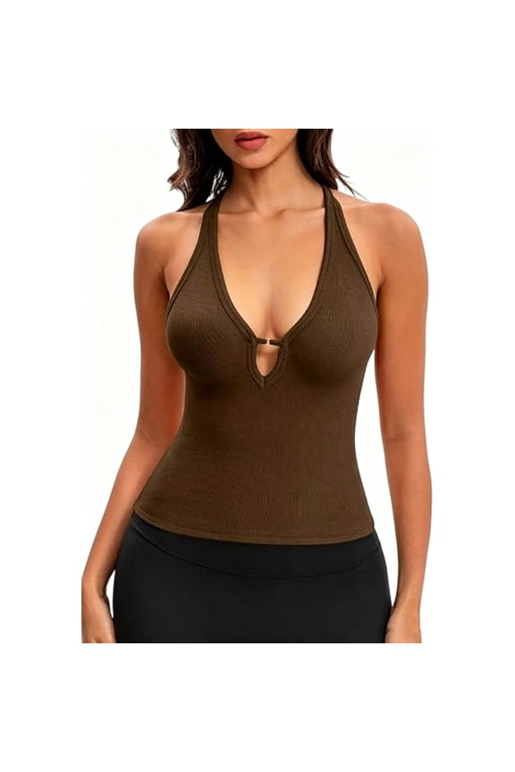 Women's Halter Neck Tank Tops Deep V-Neck Ribbed Cami Top Sleeveless Keyhole Cutout Shirt Slim Fit Stretchy Casual Blouse