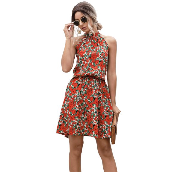 Women's Halter Neck Tie Back Boho Floral Print Sleeveless Elastic Waist Mini Dress