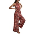 thumbnail image 1 of Women's Halter Neck Tie Waist Jumpsuit Sleeveless Bohemian Floral Printed Wide Leg Rompers Overalls Ankle Beach One Piece Outfits Pants, 1 of 7