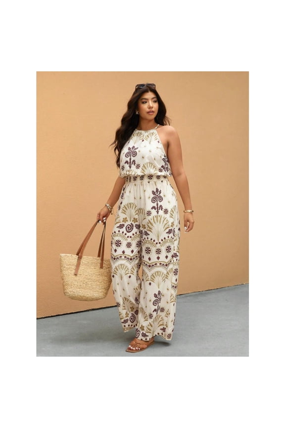 Women's Halter Neck Wide Leg Jumpsuit Summer Vintage Print Romper with Elastic Waist