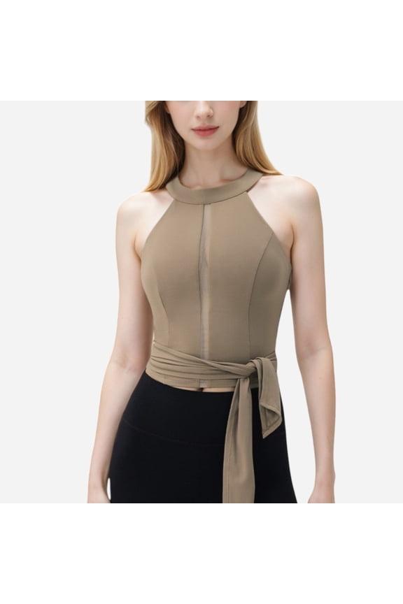 Women's Halter Neck Wrap Tie Athletic Tank Top - Small, Beige