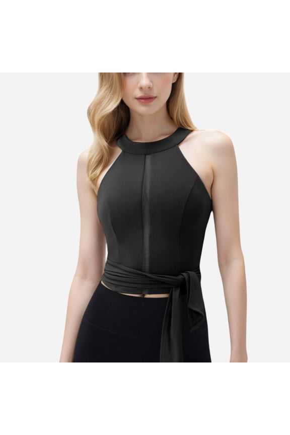 Women's Halter Neck Wrap Tie Athletic Tank Top - Small, Black