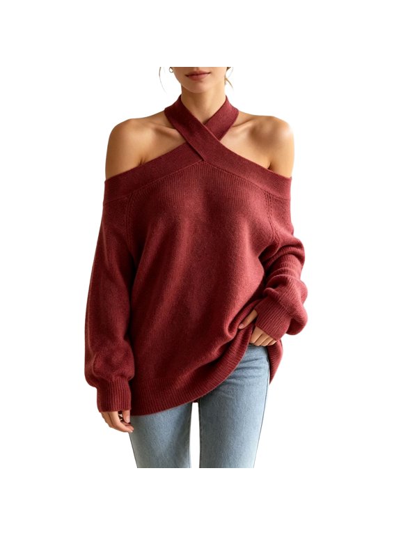 Women's Halter Off Shoulder Sweater, Long Sleeve Relaxed Fit Pullover Knit Top for Casual Fashion Wear