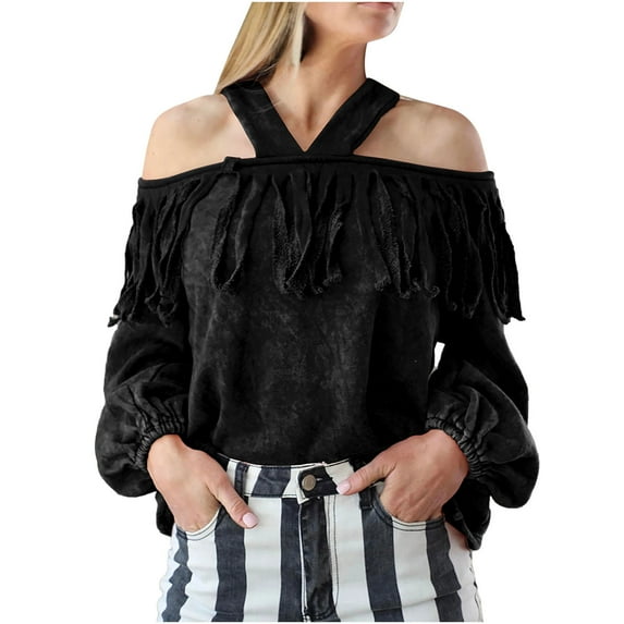 Women's Halter Off Shoulder Velvet Blouses Tassel Tringe Trim Lantern Long Sleeve Loose Fit 2024 Fall T-Shirt Tops