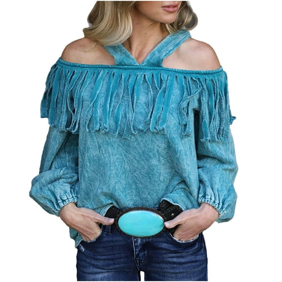 Women's Halter Off Shoulder Velvet Blouses Tassel Tringe Trim Lantern Long Sleeve Loose Fit 2024 Fall T-Shirt Tops