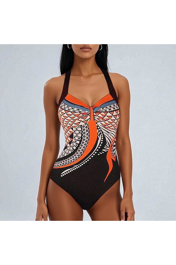 Women's Halter One Piece Swimsuit Floral Summer Backless Sexy Print Swimwear Beachwear Siamese Bikini Set Tummy Control Bathing Suits L