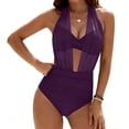 thumbnail image 1 of Women's Halter One Piece Swimsuit Mesh Sheer Deep V Cut Out Slimming Ruched High Waist Trendy Bathing Suit (M, Purple), 1 of 5