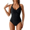 thumbnail image 1 of Fewfanhot Women's Halter One Piece Swimsuit, Side Ruching Waist Detail Monokini, Tummy Control Deep V Neck Bathing Suit in Multi Colors, 1 of 9