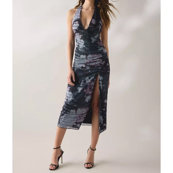 Women's Halter Midi Dress Deep V Backless Side Slit Mesh Bodycon Tie Dye Dark Gray