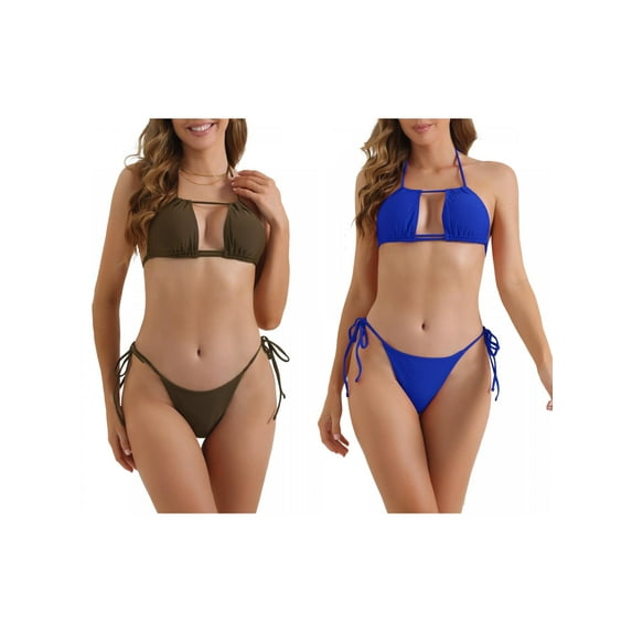 Women's Halter Push Up Bikini Sets, 2 Piece Tie Side Triangle Bottoms Swimwear Bathing Suits 2 Sets Large Coffee, Royal Blue