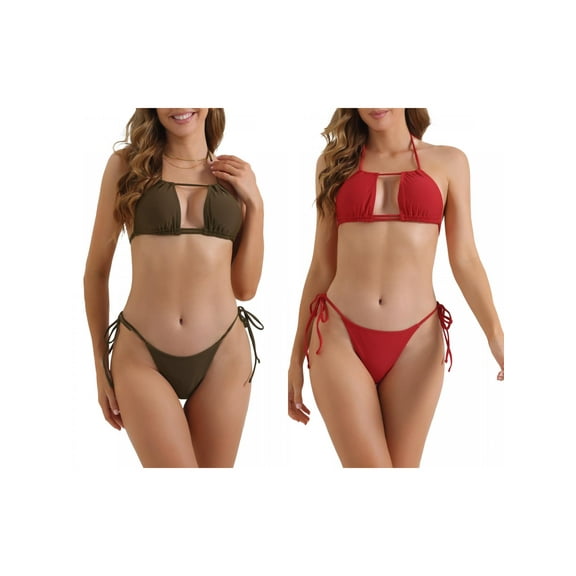 Women's Halter Push Up Bikini Sets, 2 Piece Tie Side Triangle Bottoms Swimwear Bathing Suits 2 Sets X-Small Coffee, Red