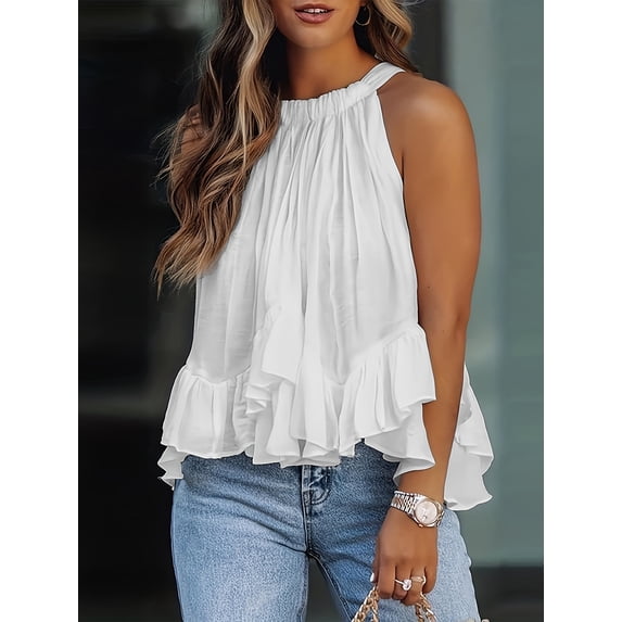 Women's Halter Ruffle Flowy Top Sleeveless Ruched Sheer Tie Back Tanks Blouse with Floral Print elegant Loose Blouse Tank Tops White S