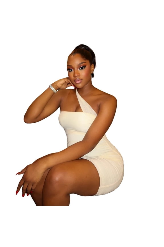 Women's Halter Slash Neck Sleeveless Pleated Mini Dress, Hips Wrapped, Solid Color, Sexy