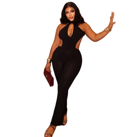 Women’s Halter Sleeveless Hollow-Out Backless Hips Wrapped Jumpsuits, Solid Color, Sexy