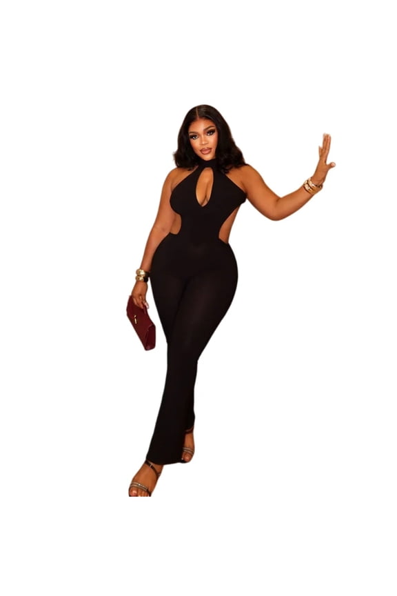 Women’s Halter Sleeveless Hollow-Out Backless Hips Wrapped Jumpsuits, Solid Color, Sexy
