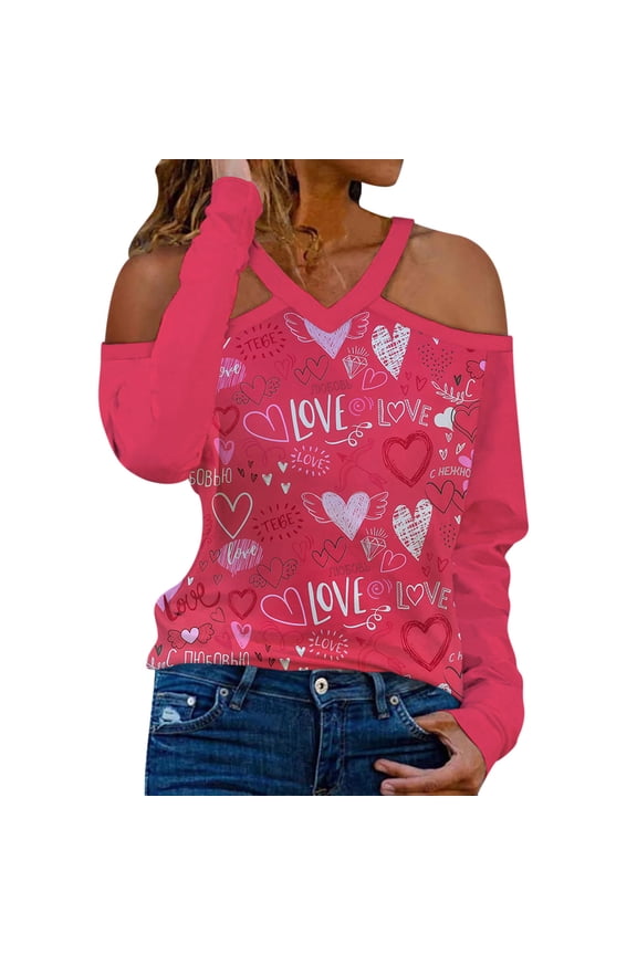Women's Halter Strapless V Neck Valentine's Day Print Sexy Long Sleeve Top