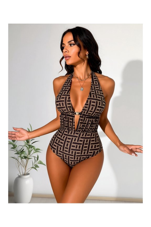Women's Halter Swimsuit Geometric Print One Piece Bathing Suit Plunge V Neck Sexy Swimwear for Summer Beach Pool Vacation