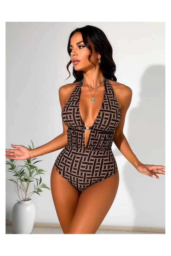 Women's Halter Swimsuit Geometric Print Plunge One Piece Bathing Suit; Flattering Retro Swimwear for Women; Sexy Halter Neckline; Quick Drying Beachwear