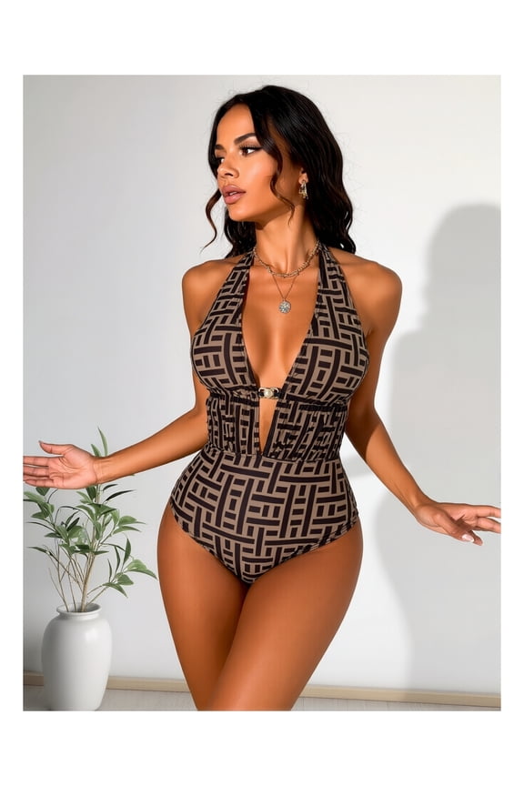 Women's Halter Swimsuit Geometric Print Plunge One Piece Bathing Suit - Stylish Beachwear for Women, Flattering Swimsuits for Summer, Vacation, Pool