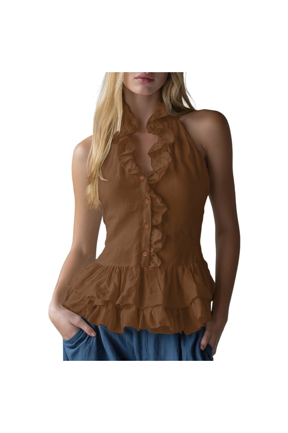 Women's Halter Tank Tops Ruffle Trim Button Front Sleeveless Blouse Textured Going Out Summer Linen Top Brown S