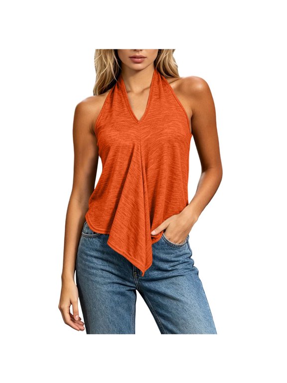 Women's Halter Tank Tops V Neck Sleeveless Irregular Pointed Hem Loose Solid Color Beach Vacation Pullover Orange S