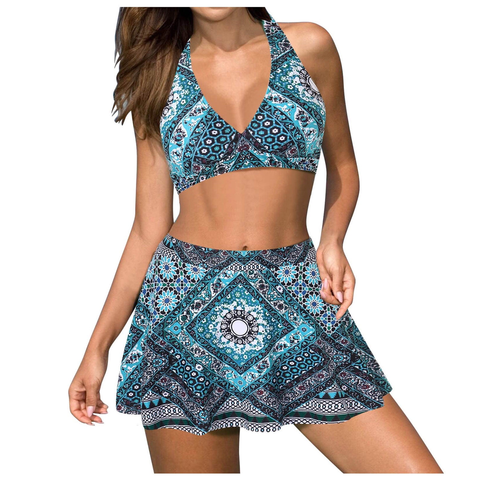 Women's Halter Tankini Top Ruffle V Neck Swimwear Ruched Tummy Bathing