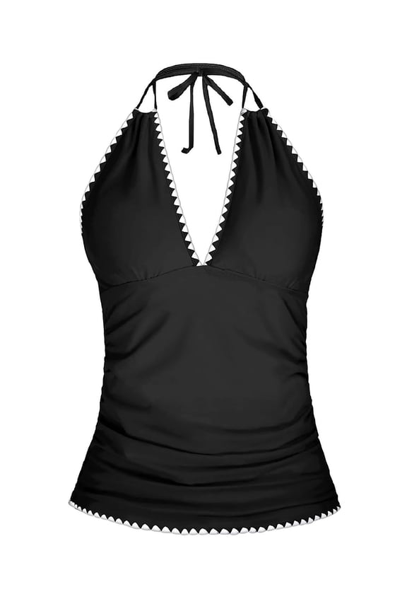 Women's Halter Tankini Top V Neck Tummy Control Bathing Suit (Black S)