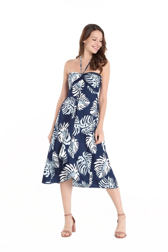 Women's Halter Top Butterfly Dress in Palm Leaves Navy Size S