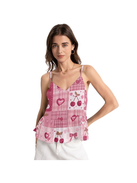 Women's Halter Tops Chiffon Sleeveless Camis Trendy Summer Camisole Cherry Pattern with Bows Medium