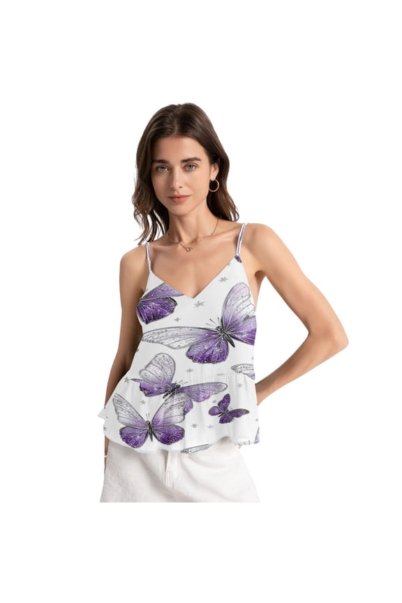 Women's Halter Tops Chiffon Sleeveless Camis Trendy Summer Camisole Lavender-colored Butterfly Pattern Medium