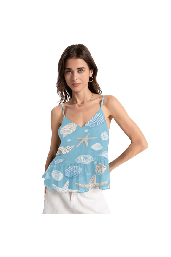 Women's Halter Tops Chiffon Sleeveless Camis Trendy Summer Camisole Light Blue Seashells and Starfish Medium