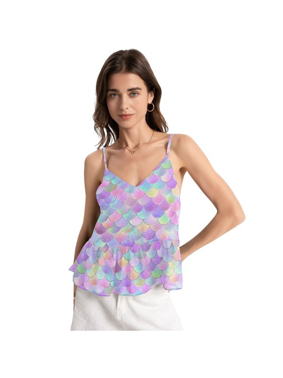 Women's Halter Tops Chiffon Sleeveless Camis Trendy Summer Camisole Mermaid Scale Pattern XX-Large