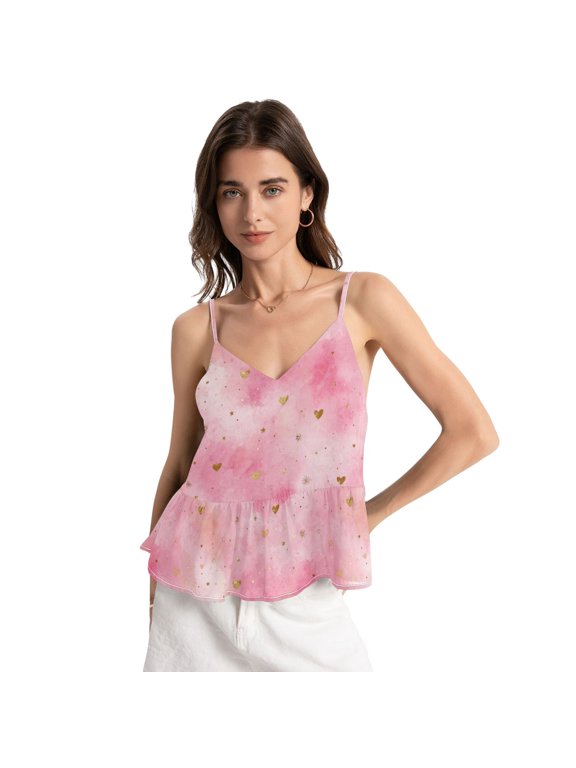 Women's Halter Tops Chiffon Sleeveless Camis Trendy Summer Camisole Pink Background with Hearts Small