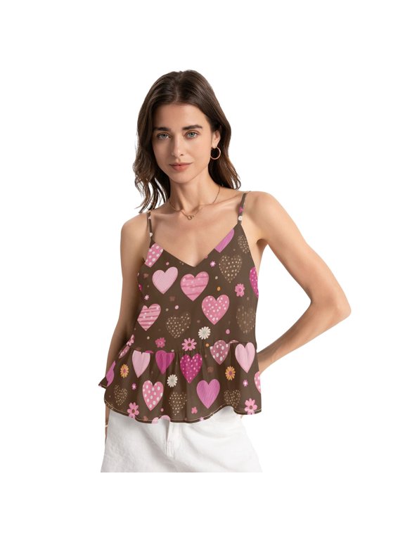 Women's Halter Tops Chiffon Sleeveless Camis Trendy Summer Camisole Pink and Brown Hearts Pattern Medium