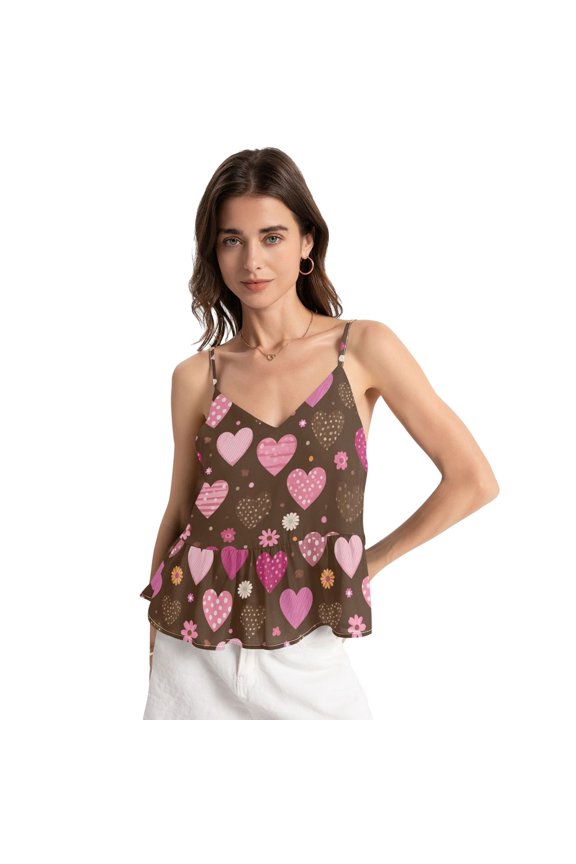Women's Halter Tops Chiffon Sleeveless Camis Trendy Summer Camisole Pink and Brown Hearts Pattern Small